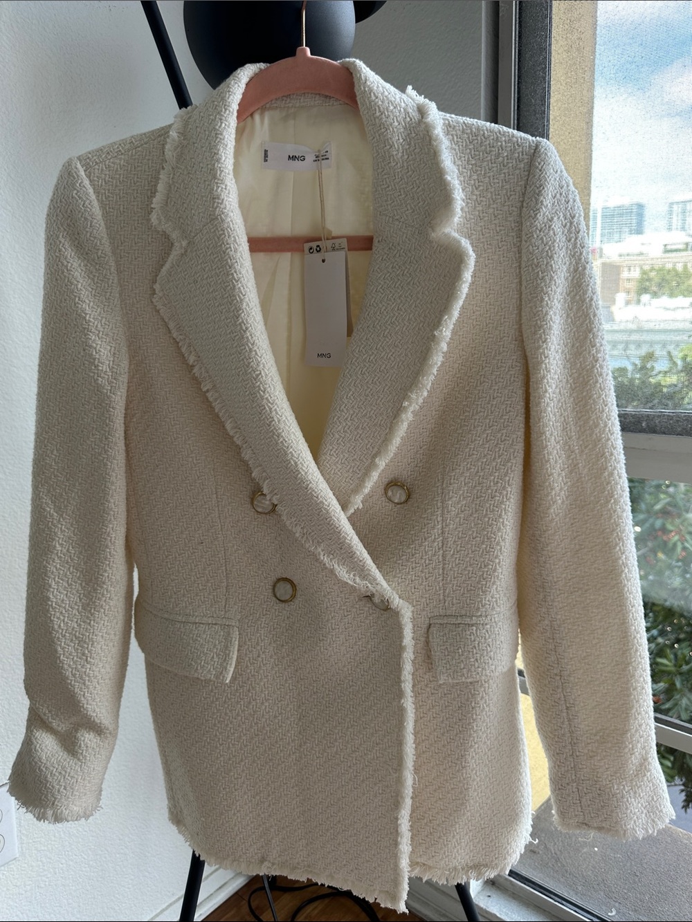 Mango Ivory Double-Breasted Bouclé Blazer with Gold Buttons- XS- New with Tags